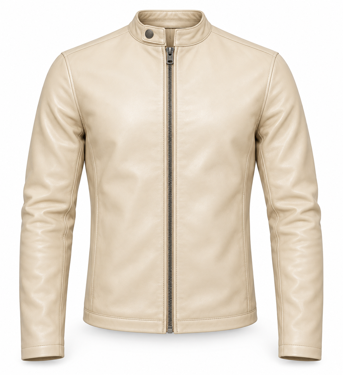 Le Faste Men's Genuine Cowhide Leather Café Racer Moto Jacket - Cream