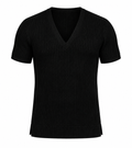 Le Faste Men's Ribbed Knit Deep V-Neck Short Sleeve Sweater - Black