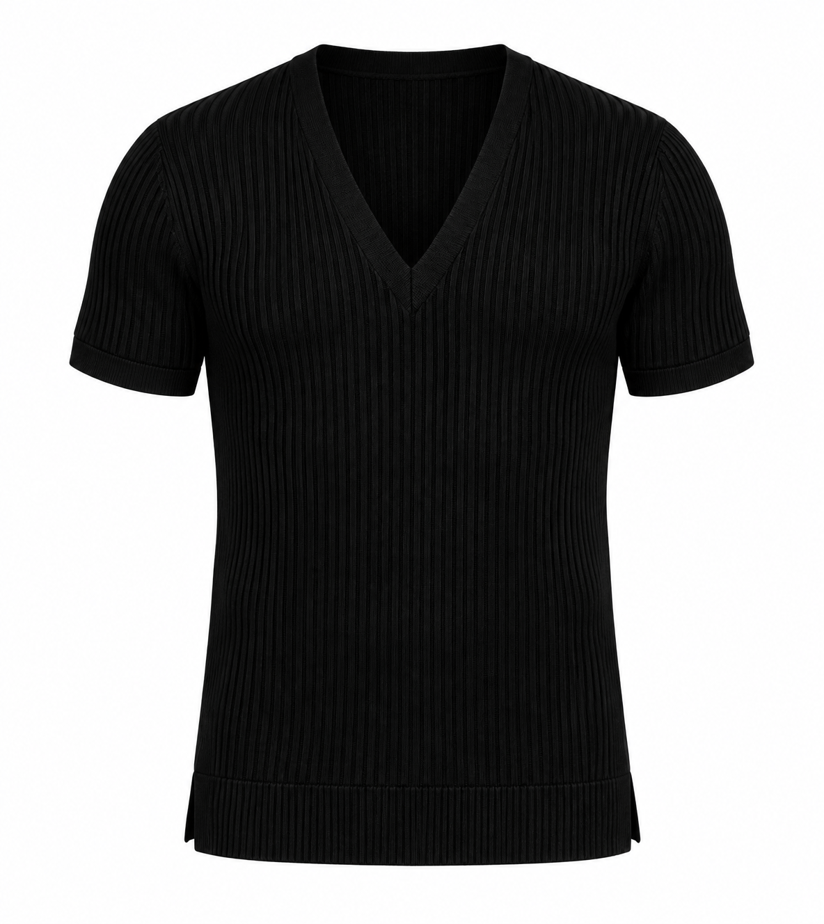 Le Faste Men's Ribbed Knit Deep V-Neck Short Sleeve Sweater - Black
