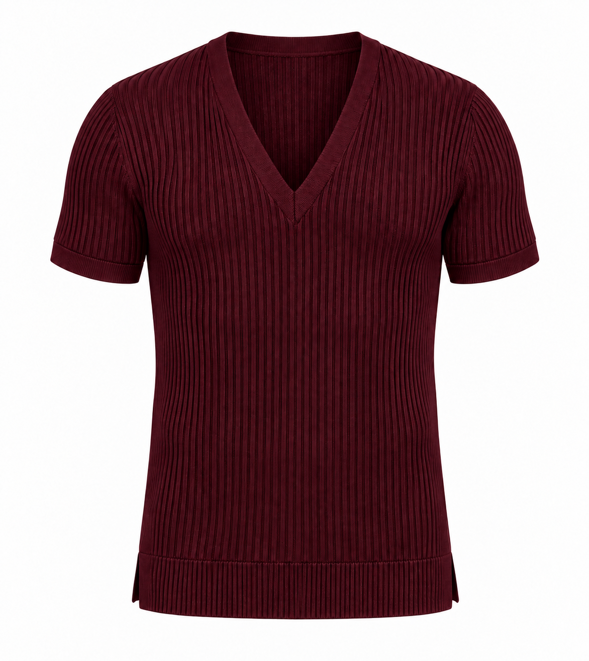 Le Faste Men's Ribbed Knit Deep V-Neck Short Sleeve Sweater - Burgundy