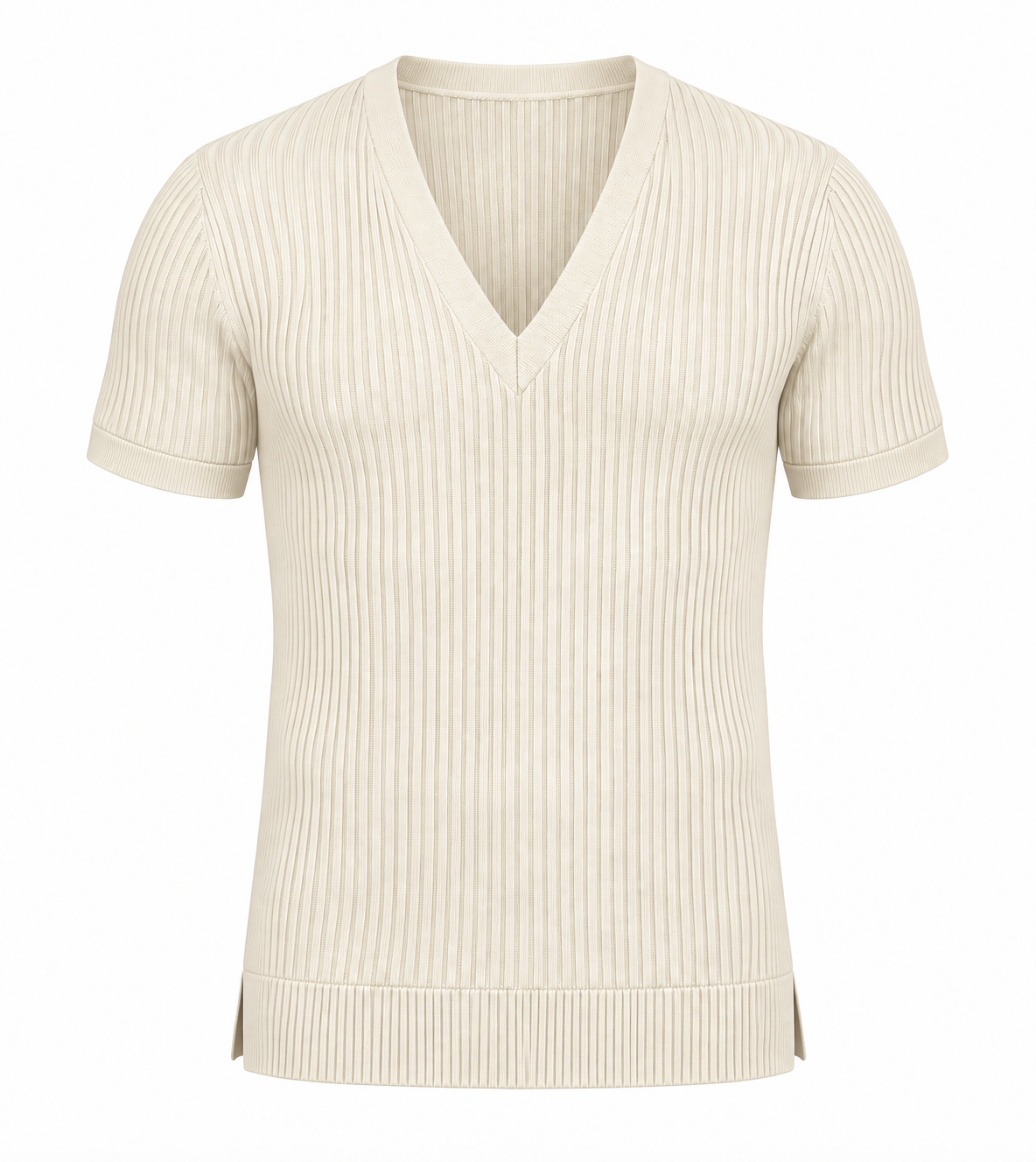Le Faste Men's Ribbed Knit Deep V-Neck Short Sleeve Sweater - Cream