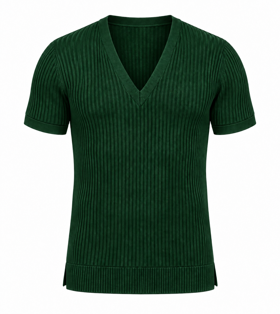 Le Faste Men's Ribbed Knit Deep V-Neck Short Sleeve Sweater - Dark Green