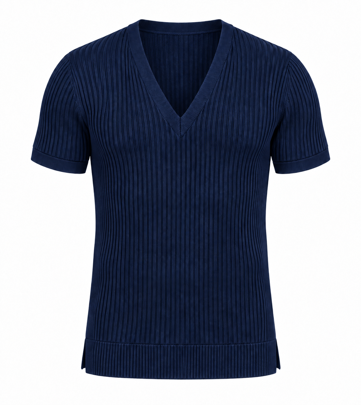 Le Faste Men's Ribbed Knit Deep V-Neck Short Sleeve Sweater - Navy