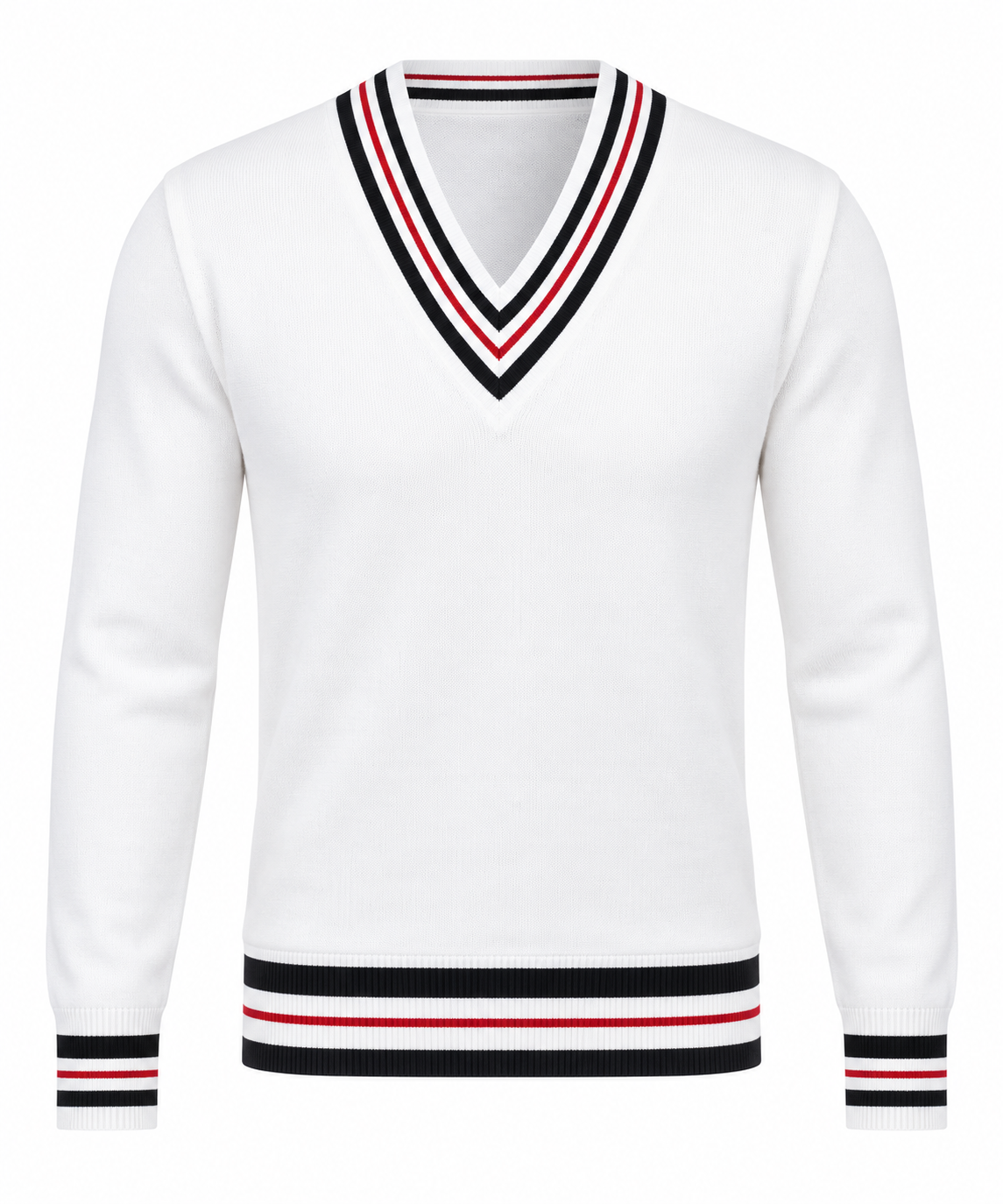 Le Faste Men's White V-Neck Cricket Sweater with Striped Trim - White