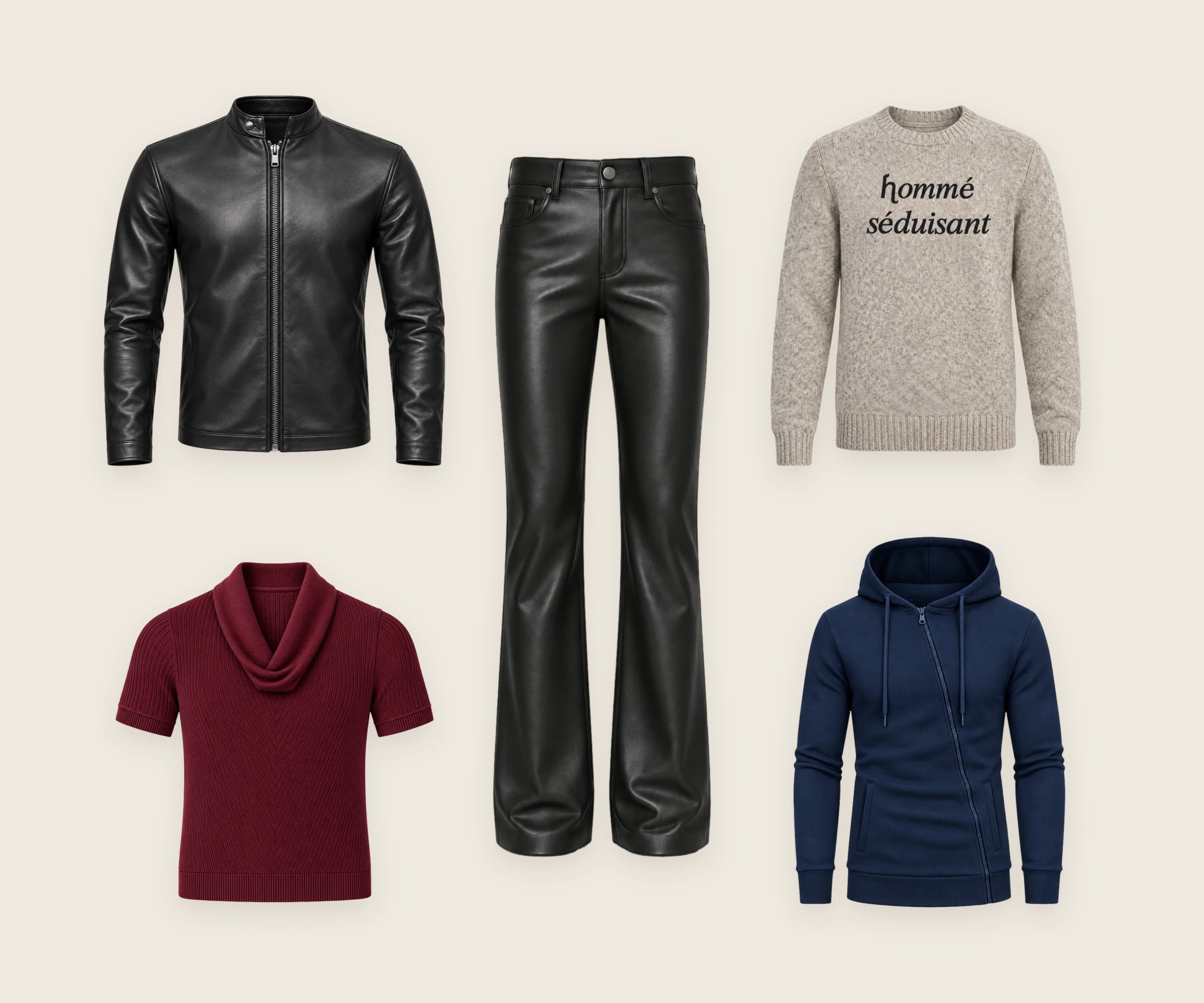 Le Faste pieces: black leather café racer moto jacket, black leather flared bootcut pants, Hommé Séduisant knit sweater, burgundy cowl neck knit tee and navy asymmetric zip-up hoodie